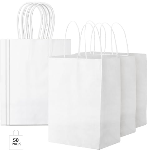 CHARMGIFTBOX 50 Pezzi Sacchetto Regalo Bianchi, Sacchetti di Carta con Manici, 15x8x21cm Buste Regalo per Feste per Bambini e Adulti, Compleanni, Matrimoni, Baby Shower, Natale