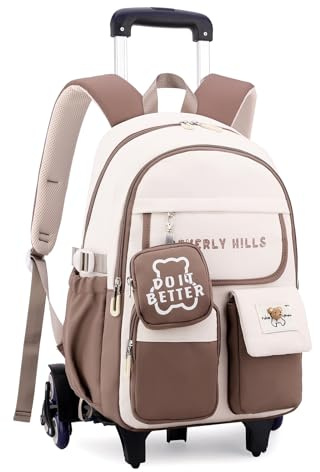 IvyH Schulrucksäcke Trolley für Kinder, Rucksack Teenager Schulranzen Mädchen mit 6 Räder Trolley Schultaschen für Grund- und Mittelschule (Braun)