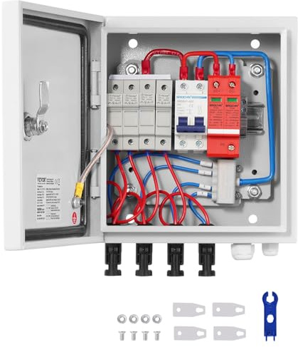 VEVOR Boîte de combinaison PV, 4 chaînes, boîte de combinaison solaire, fusible de courant nominal 15 A, disjoncteur 63 A et parafoudre, en acier pour système de panneaux solaires marche/arrêt, IP65