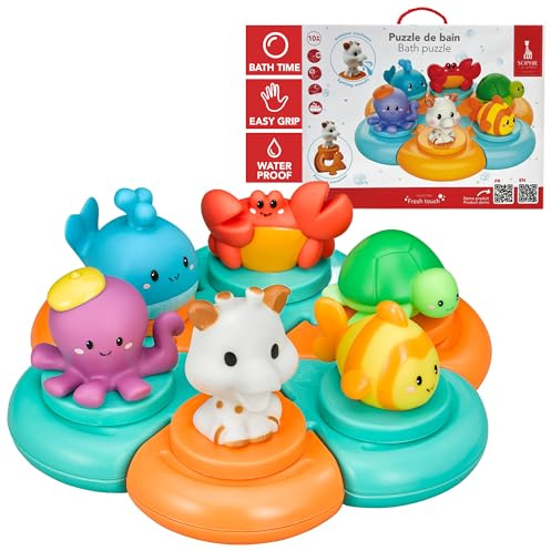 Sophie la Girafe - Puzzle de Bain Flottant Animaux Marins Bébé Dès 10 Mois | Crache de l'eau à la pression | baleine crabe tortue à assembler | jouet d'éveil motricité logique | idée cadeau enfant