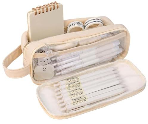 SHUOHONG Pennfodral med stor kapacitet, mellanstadiet skolväskor, skolsaker, stor pennfodral, slitstark monokrom pennväska med handtag för skola och kontor, Beige, pennfodral skola