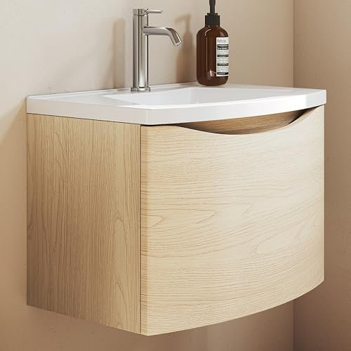 BRIDGE BENO Mobile Da Bagno Curvo Da 60 cm Con Lavabo in Resina – Mobile Compatto Con Cassetto a Chiusura Ammortizzata, Golden Sand