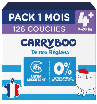Carryboo De Nuestras Regiones - Pañales Talla 4+ 9-20 kg - Pañales Desechables Origen Francia - Cuidado del Bebé - Local y Ecológico - Composición Natural - Precio Accesible - 126 Artículos - 1 Mes