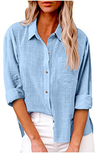Generico Camicia Donna Manica Lunga Estiva Camicie in Lino Cotone Elegante Blusa con Bottoni e Tasca Lavoro Casual Top Camicetta da Spiaggia Tinta Unita Classico