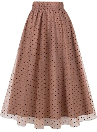 AXOE Femme Jupe en Tulle Midi Longue à Broderie Florale Bohème Chic en Mesh à 3 Couches Coupe Trapèze Élastique Elegante pour Mariage Invitée Fête Cérémonie Moka Pois Noir, Taille 36-40, S