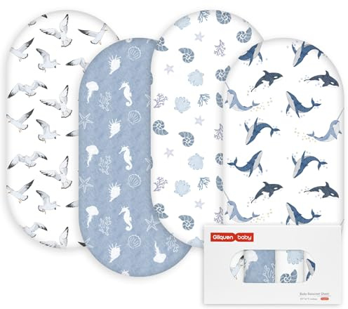 GLLQUEN 4 Pack Moses Basket Fitted Sheets 81x41 cm Pram Microfiber OEKO-TEX | Soft Carrycot Mattress Cover for Bassinet & Pushchair,Hypoallergenic Value Multipack, Unisex(Ocean Wander)