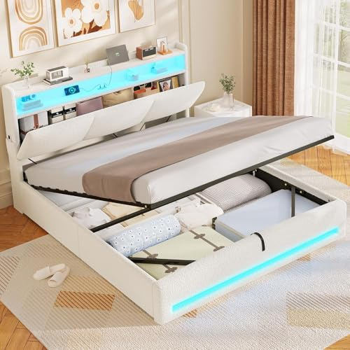 AGOLLATI Letto Contenitore Matrimoniale, Letto 140 x 200 cm con Illuminazione a LED e Stazione di Ricarica, Letto Matrimoniale con Sollevamento Idraulico e Testiera Imbottita, Beige (Teddy Fleece)