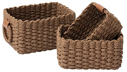 La Jolíe Muse Woven Storage Baskets, Recycled Paper Rope Bin Organizer Divider for Cupboards Drawer Closet Shelf Dresser, Set of 3 (Chocolate)