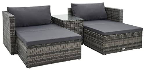 vidaXL Gartenmöbel 5-TLG. mit Auflagen Sitzgruppe Lounge Sofa Ottomane Hocker Gartensofa Ecksofa Gartenset Sitzgarnitur Poly Rattan Grau