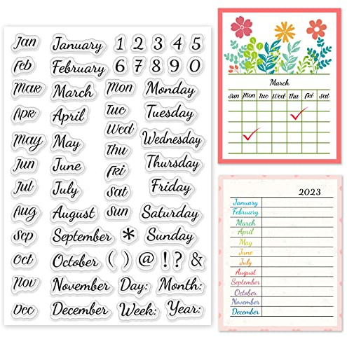INFUNLY Calendar Clear Stamps for Card Making Date Number Rubber Stamp Week Month Year Silicone Stamps Transparent Seal Stamp for Holiday DIY Scrapbooking Embossing Album Decor
