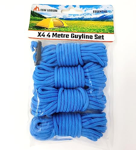ESW LEISURE Guyline Ropes 4 Pack Tents Awning Camping Strong Lightweight Paracord Guy Rope With Tensioner Guy Lines Fishing Umbrella Shelter Bivvy Caravan Gazebo Tarp (Bright Blue, 4 Metre XL 4 Pack)