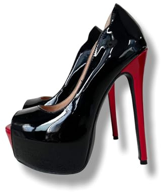 Frankie Hsu Décolleté con tacco alto con plateau a spillo, nero e rosso vernice Peep Toe Style, grandi dimensioni US5-19 scarpe per donne uomini, nero, 43 EU