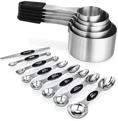 Magnetic Measuring cups and spoons Set, 5 Stainless Steel Magnetic Measuring Cup and 8 Double Sided Measuring Spoons with 1 Leveler，Kitchen Gadgets for Cooking & Baking