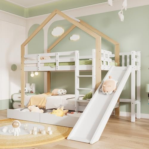 Aoskem Kinderbett Etagenbett 90x200 cm für 2 Kinder, Hochbett Hausbett mit Leiter & Rutsche, mit Stauraum 2 Schubladen, Holzbett Bettgestell mit Rausfallschutz & Lattenrost, Ohne Matratze, Weiß+ Natur