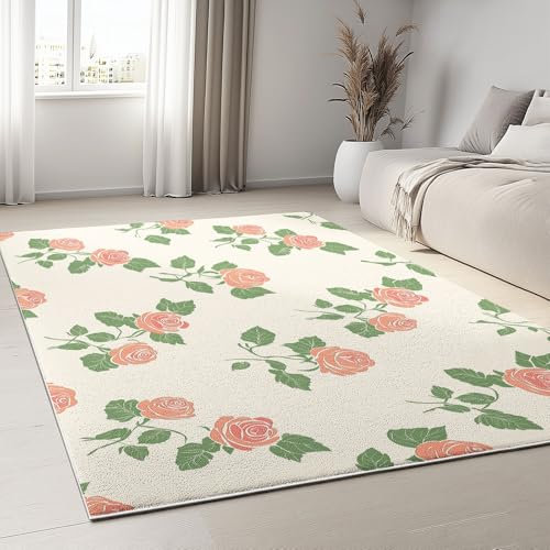 Teppich Wohnzimmer Creme Weich Kurzflor Teppich Waschbar rutschfest Teppich für Wohnzimmer, Schlafzimmer, Esszimmer Leicht zu Reinigen Teppich 50 x 80 cm Pflanzen Eleganz Rose