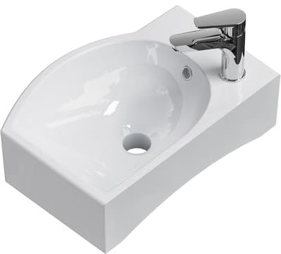 EMKE Lavabo Suspendido 405 x 280 x 140 mm – Lavabo Compacto y Elegante para Pequeños Baños y WC de Invitados – Grifo a la Izquierda, Instalación en la Pared, Blanco Brillante