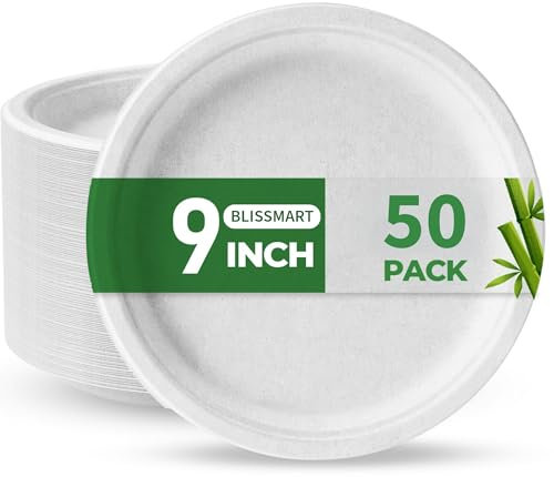 BLISSMART Strong Paper Plates Disposable 50pk 9 Bagasse Heavy-Duty Disposable Plates for Parties Eco-Friendly Compostable Microwave-Safe Party Plates, Biodegradable Dinner Plates for Hot & Cold Food