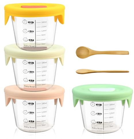 4 contenitori per porridge per bambini, in vetro con 2 cucchiai di legno, 180 ml, con coperchio in silicone e scala di misurazione per conservare alimenti e frutta