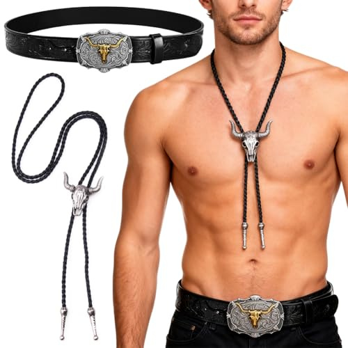 JhavexToy Western - Cinturones De Cuero Con Hebilla De Cowboy Longhorn, Collar Colgante De Cabeza De Toro De Bronce, Retro Estilo Vaquero Occidental, Masculino Y Femenino, Regalo De Cumpleaños