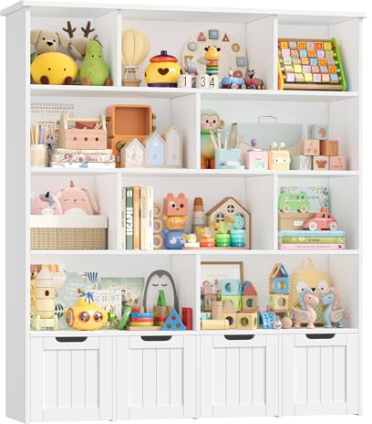 FOREHILL Libreria Montessoriana per Bambini, Scaffale Portagiochi Bambini, Libreria per Bambini a 10 Scomparti Aperti e 4 Cassetti su Ruote, per Cameretta e Stanza dei Giochi, 125.5x33x146cm (Bianco)