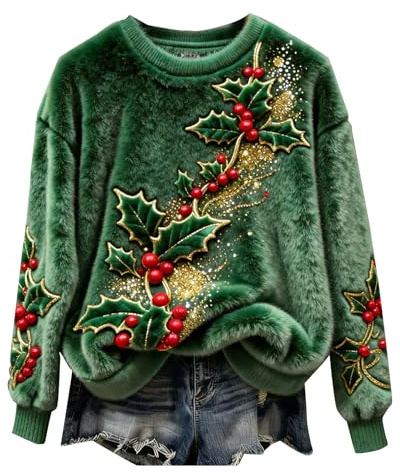 Maglione natalizio da donna divertente con stampa di gatto e cane, flanella, felpa oversize in pile soffice, maglione natalizio a tema, pullover invernale, abbigliamento festivo caldo, abbigliamento