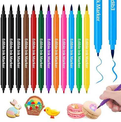Tuxvealu 12Pcs Stylo Colorant Alimentaire, Stylo Marqueurs Comestibles, Edible Pigment Pen Marqueur Double Face, Feutre Alimentaire Stylo Décoration Oeufs de Pâques, Fondant, Biscuit,Gâteaux,Dessert