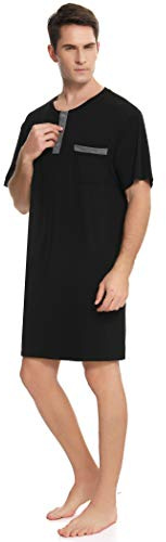 Chemise de Nuit Homme Coton Pyjama Manches Courtes Hauts de Pyjama Homme Col Rond avec Boutons Tee-Shirt Long Confortable Vêtements d'Intérieur Homme T-Shirt Douce M