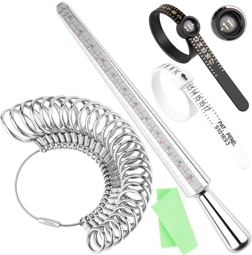 UUBAAR Juego de herramientas de medición de anillos | Mandril de anillo de aluminio de 4 tamaños, 27 herramientas de medición de anillos de metal, medidor y paño de pulido, kit de tallas de joyería de