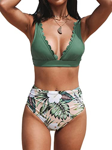 CUPSHE Costume da Bagno Bikini con Scollo a V Smerlato da Donna a Vita Alta con Increspature Floreali a Due Pezzi, Green, S