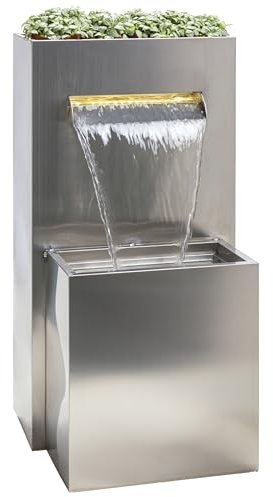 Dehner Gartenbrunnen Dallas, Terassenbrunnen frostbeständig, Brunnen für Außen, mit LED Beleuchtung, ca. 89 x 46 x 44 cm, Edelstahl, Silber