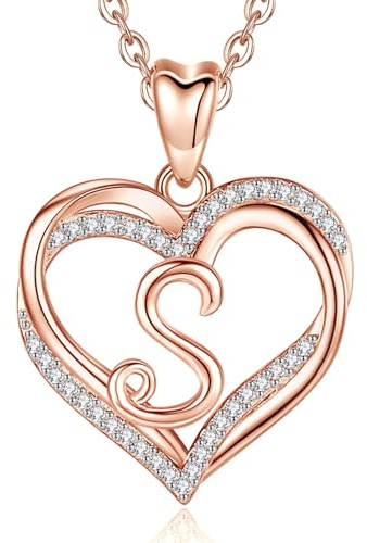INFUSEU Collana Iniziale Cuore da Donna, Ciondolo Lettera S in Oro Rosa, Gioielli Cubic Zirconia CZ per Regali per Fidanzata, Moglie, Mamma, Catena da 20 Pollici