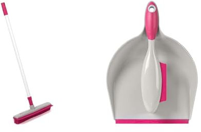 Kleeneze Rubber Bristle Broom & Dustpan and Brush Set – Floor & Surface Cleaning, With Squeegee Edge, Telescopic Broom Handle, Non-Scratch Sweeping For Pet Hair, Dust, Dirt, Spills, Pink