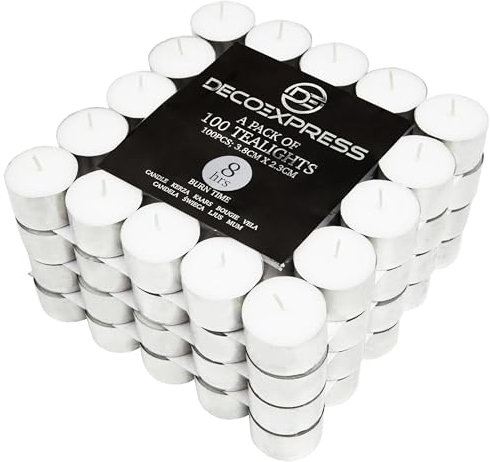 DECO EXPRESS Tealight Candles Multipack of 200, 100, 50, 25 or 24, Burning Time 4, 8 or 10 Hours - Tea Lights Candles (White 100/8 Hours)