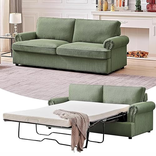 Reversible Sleeper Sofa Bed with Comfortable Memory Foam Mattress, Convertible Corduroy Full Size Pull Out Couch for Living Room, Space Saving Furniture, 76 Wide, Rounded Arms, Dark Green