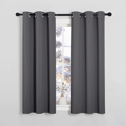 PONY DANCE Short Blackout Eyelet Curtains, Grey, 2 Panels, 37 x 54 Inch | Thermal Insulated 54 Inch Drop Curtains for Bedroom Windows, Energy Saving & Room Darkening Drapes for Living Room or Kitchen