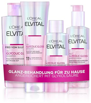 L'Oréal Paris Elvital Glycolic Gloss Bundle mit Shampoo, Spülung, 5 Minuten Haar-Laminierung und Serum für Glanzloses Haar, Pflegeroutine für Gesunde Haare und Starken Glanz, mit Glykolsäure, 4-teilig