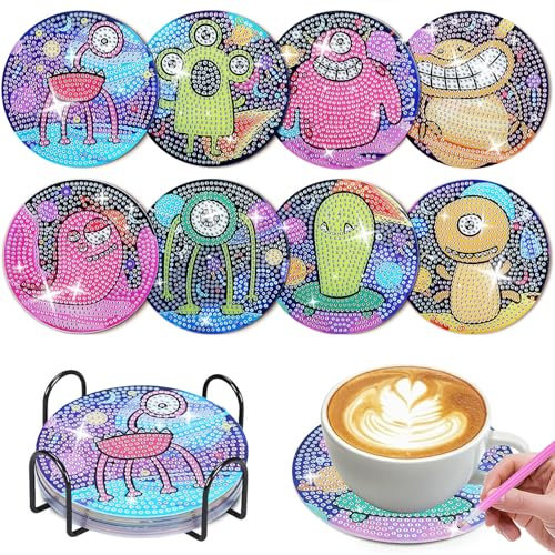 Strehknewen 8 Posavasos de Pintura de Diamantes para Niños y Adultos, DIY con Monstruos Divertidos, Decoración de Mesa con Base de Corcho, Regalo Creativo para Cumpleaños