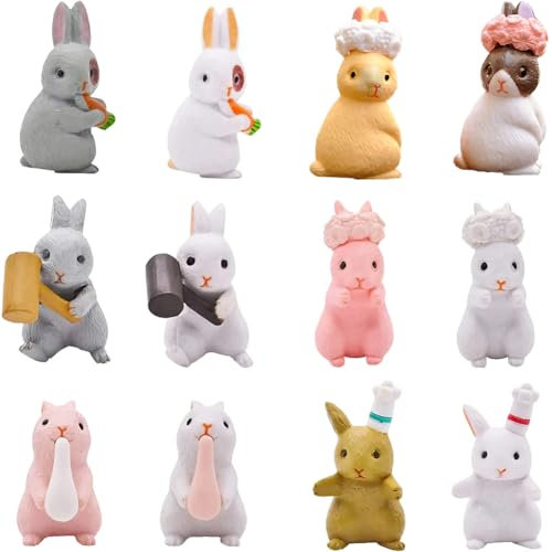 12 Pièces Décorations de Lapin de Pâques,Miniature Bunny Ornement,Figurine de Lièvre en Résine,Decoration Gateau de Pâques pour Printemps de Fête Bureau Décor