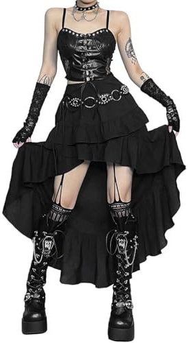 M&Catree Gothic High-Low Rock Asymmetrischer Stufenrock Schwarz Boho Rüschenrock mit Stufen Vintage Stil Partyrock - Schwarz, XS