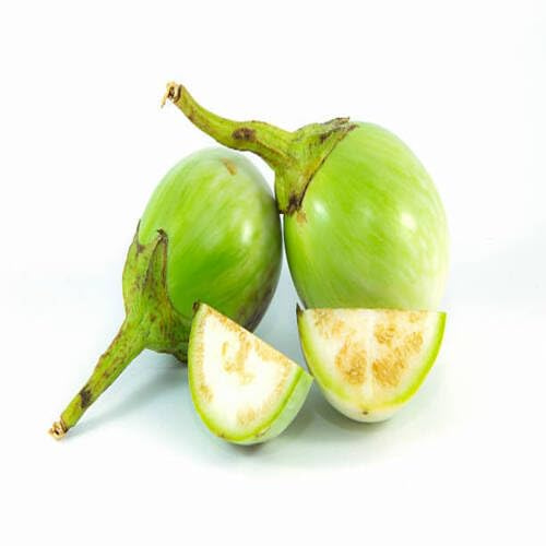 Semillas de berenjena frescas (50 unidades) para plantar en macetas blancas.