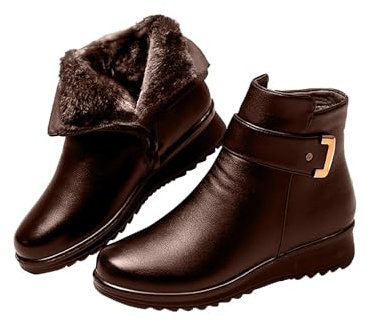 Stivali invernali da donna, foderati in pelle, eleganti stivali con cerniera laterale, antiscivolo, stivali da neve in pelle, comodi stivali a stelo corto per donne, scarpe in pelle, marrone, 38 EU