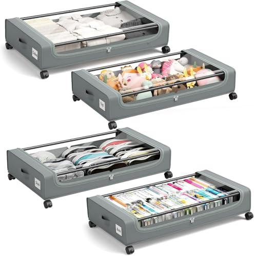 PHINOX Caja de almacenamiento para debajo de la cama con ruedas, 4 unidades (74 x 42 x 16 cm), color gris con tapa transparente de tela y metal para ropa, zapatos, juguetes