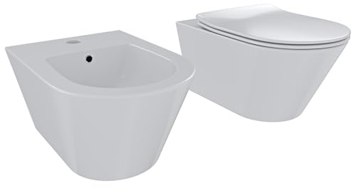 Bricozone Coppia Di Sanitari Sospesi In Ceramica Bianca Set Wc E Bidet Da Parete Design Moderno Con Copri Wc Soft Close Finitura Lucida Ideali Per Bagno Contemporaneo Facili Da Pulire (Bianco lucido)