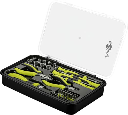 goobay Set di attrezzi manuali, 49 pezzi, per lavori di fai da te e da viaggio, set di punte, bussole, porta punte, prolunga per punte, taglierina laterale, pinza a becco, cassetta degli attrezzi