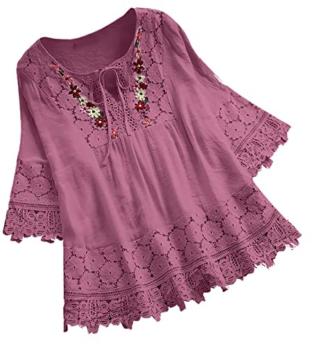 Chemisier Femme Dentelle Blouse Femme Chic Et Élégant Chemise en Coton Lin À Manche 3/4 Décontracté Huats Décontractée Ample À Col V Tunique Top Printemps Eté T-Shirts Lâche Respirant