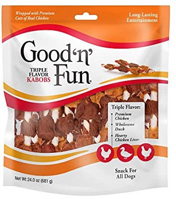 Good ‘n’ Fun Triple Flavor Kabobs Chews for All Dogs, 24 Ounces, Treat Your Dog to Long-Lasting Chews Made from Beef Hide, Real Chicken, Pork Hide, Duck and Chicken Liver