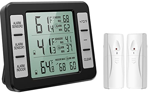 ORIA Termometro per Frigorifero, Termometro Digitale per Congelatore con 2 Sensori Wireless e Allarme Audio, Termometri da Frigo con Registrare Min/Max per Casa, Ristoranti - Nero