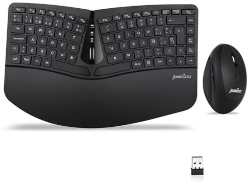 Perixx Periduo-606 - Juego de Teclado Compacto ergonómico y ratón Vertical inalámbrico, reposamuñecas Ajustable y Teclas de Perfil bajo, dpi Ajustable, QWERTY español