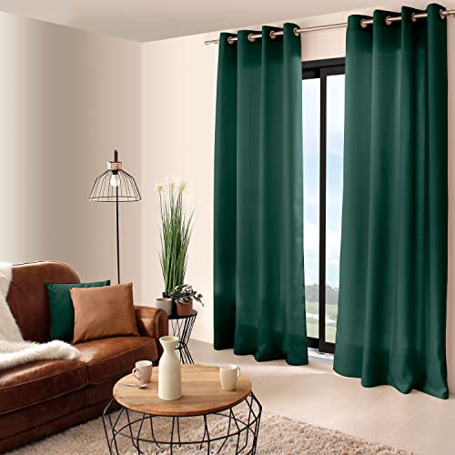ED ENJOY HOME Rideau Décoratif à Œillets argentés, 140x240 cm, Vert Foncé, 100% Polyester, Satiné, Collection Basic