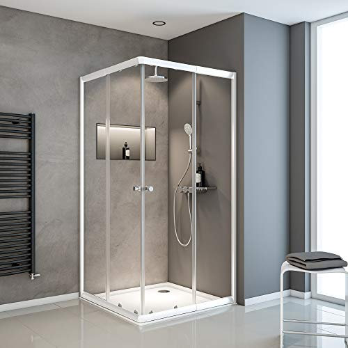 Schulte cabine de douche accès d’angle ajustable 75x75 à 90x90 x h.180 cm, blanc, portes coulissantes, extensible, largeur d'accès 30 à 49 cm, verre de sécurité 4 mm transparent